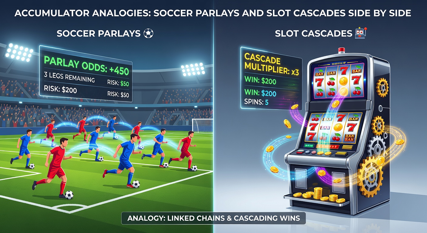 Side-by-side chart comparing soccer parlay multiplier growth against slot cascade chains, with example payouts overlaid on match highlights and reel animations