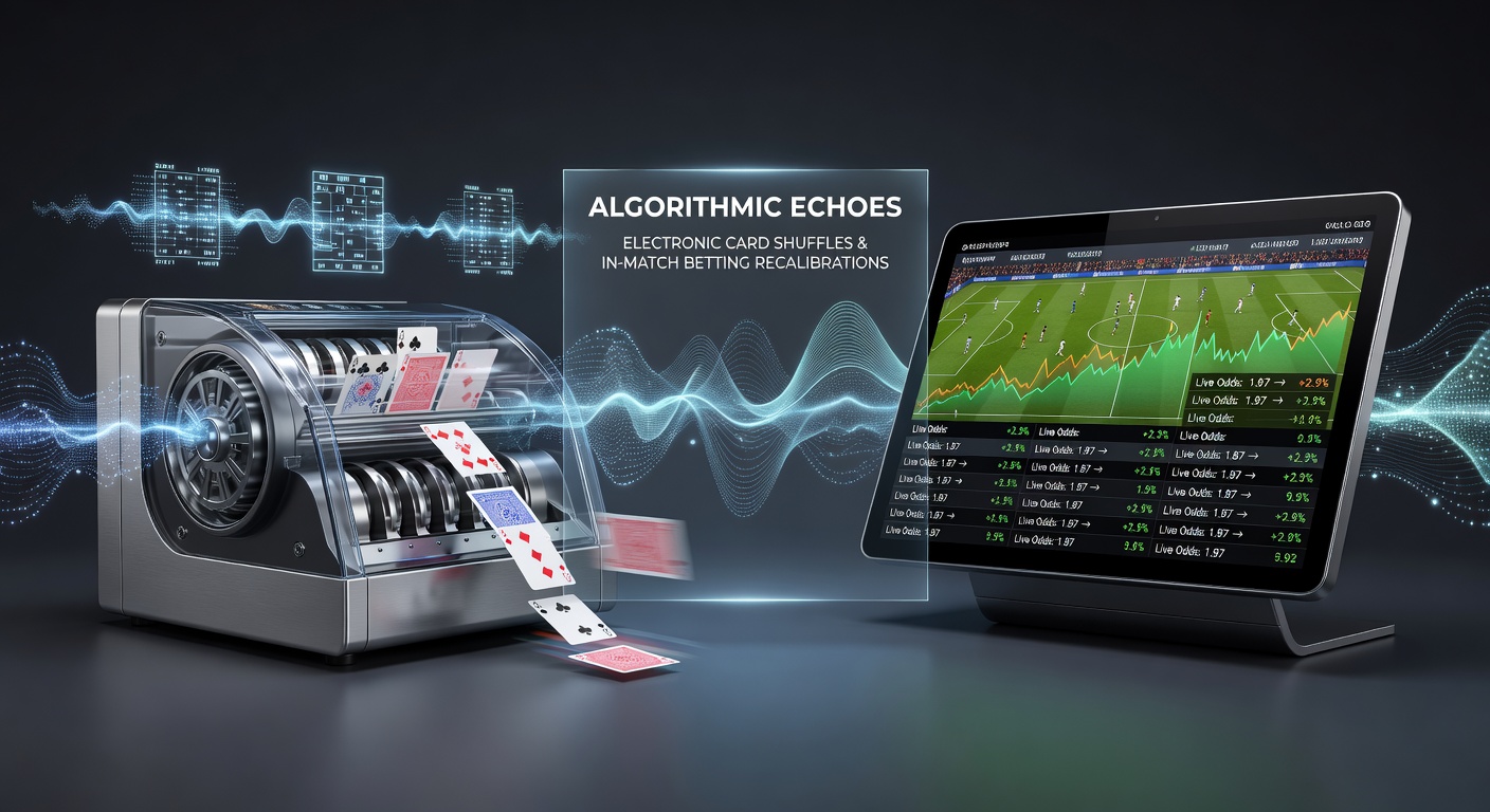 Split-screen visualization comparing card permutation algorithms with dynamic odds matrices during a live football match