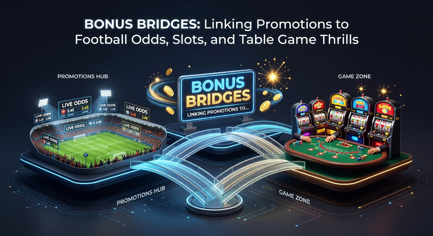Dynamic screenshot of an online platform dashboard displaying bonus bridges, with icons linking football odds boards, colorful slot machines, and live dealer table games
