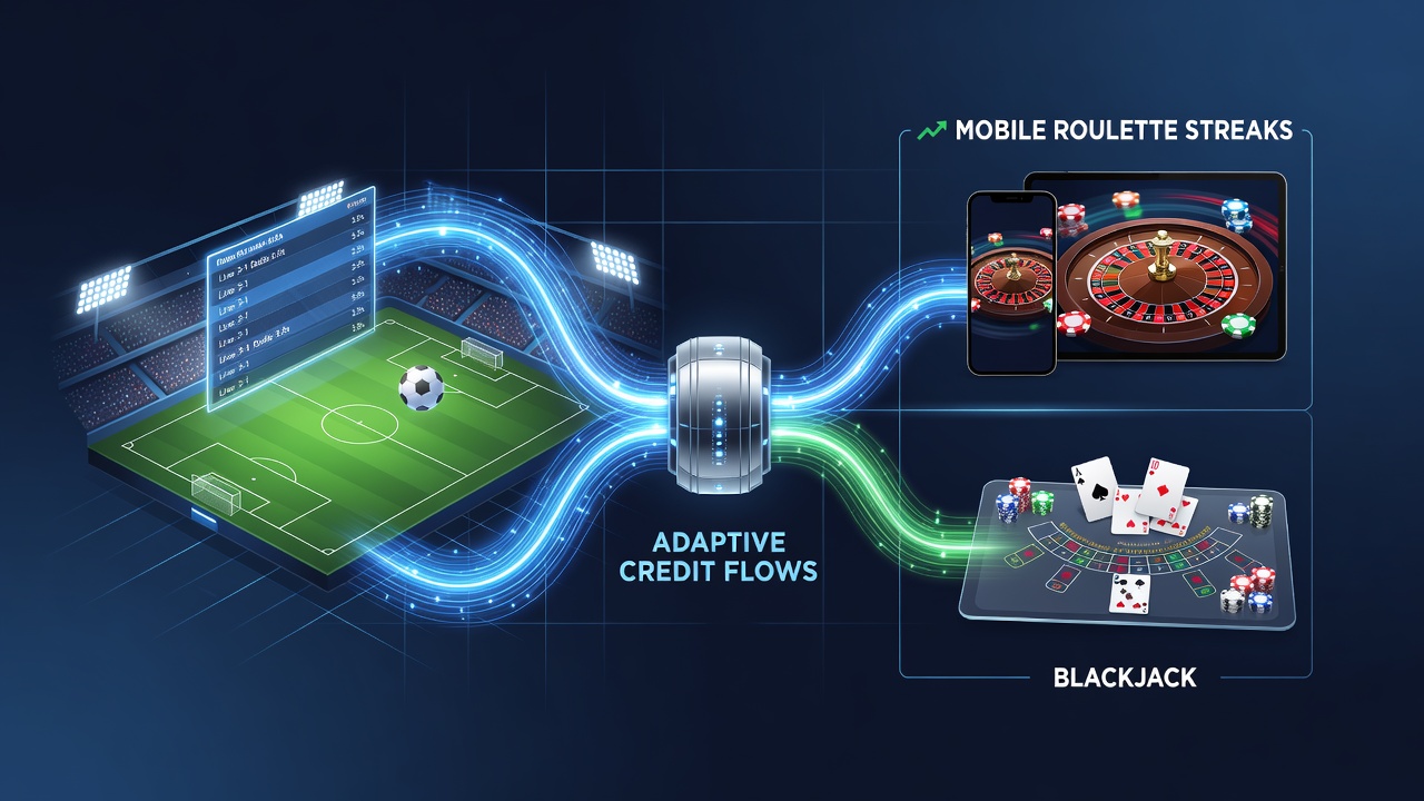 Diagram illustrating adaptive credit pathways linking in-play football bets with roulette streaks and blackjack progressions