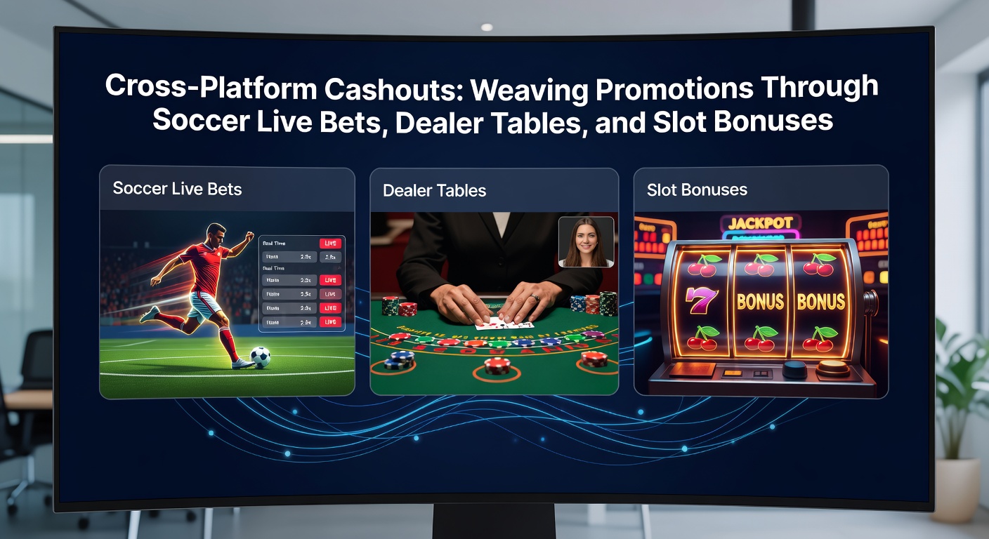 Live dealer roulette wheel spinning with overlaid soccer live bet promo banner and slot bonus meter, illustrating cross-platform cashout flow
