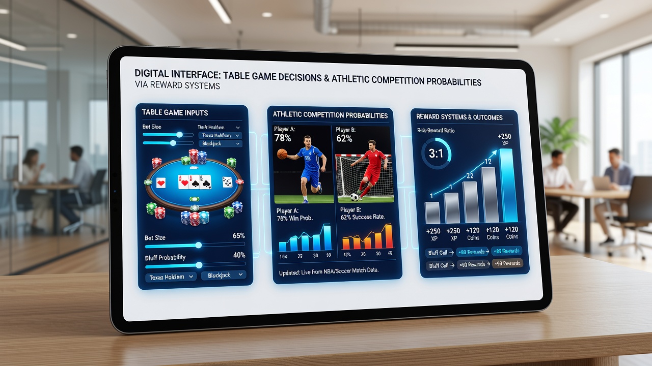 Mobile screen displaying paired table game session and sports event probability dashboard with active reward indicators