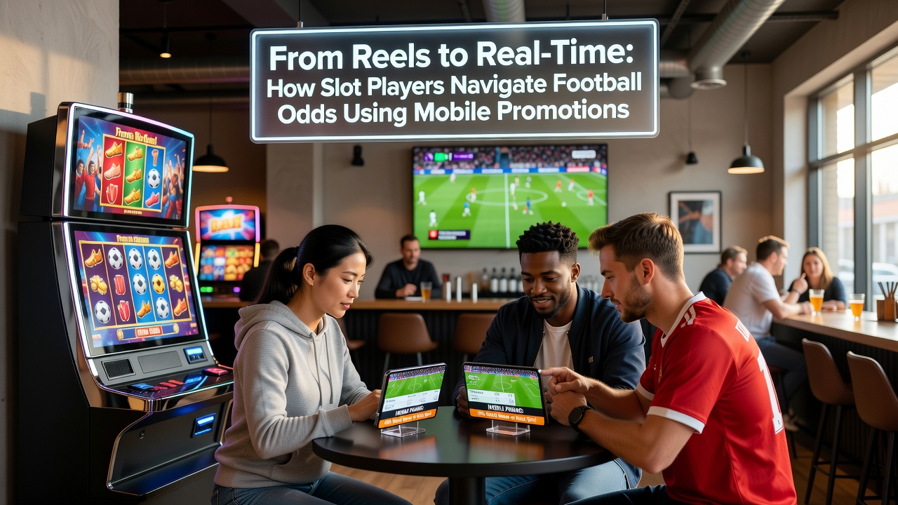 Player using a mobile app to switch from slot reels to live football betting markets with active promotions