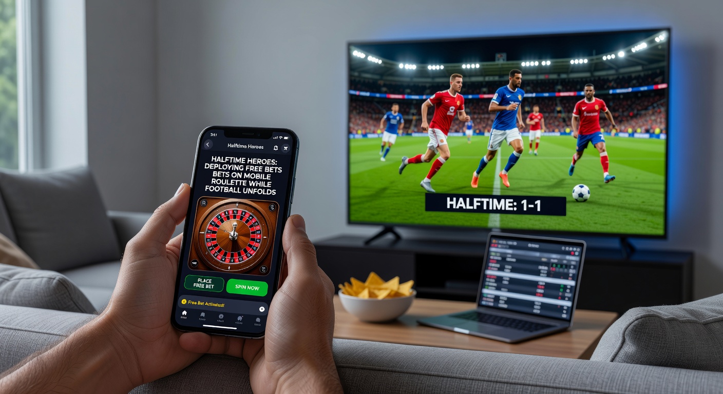Football stadium crowd at halftime with overlaid mobile roulette app interface displaying free bet options and spinning wheel