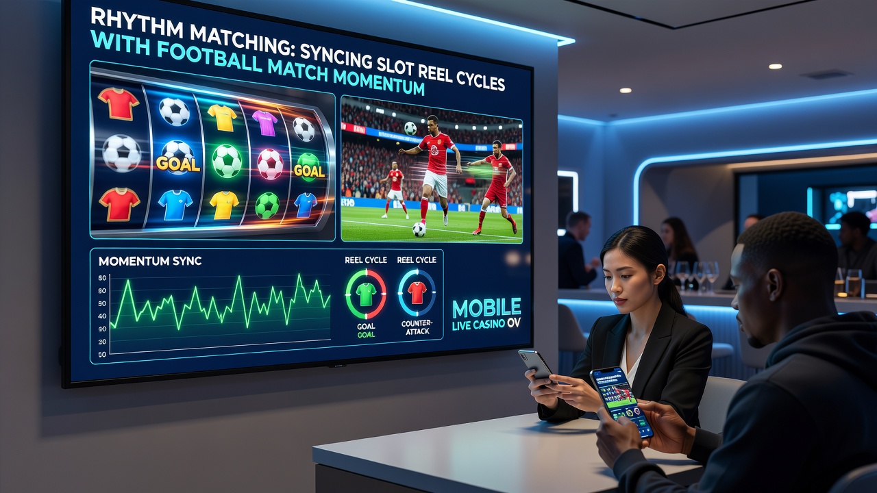 Close-up of mobile interface showing football momentum indicators next to spinning slot reels