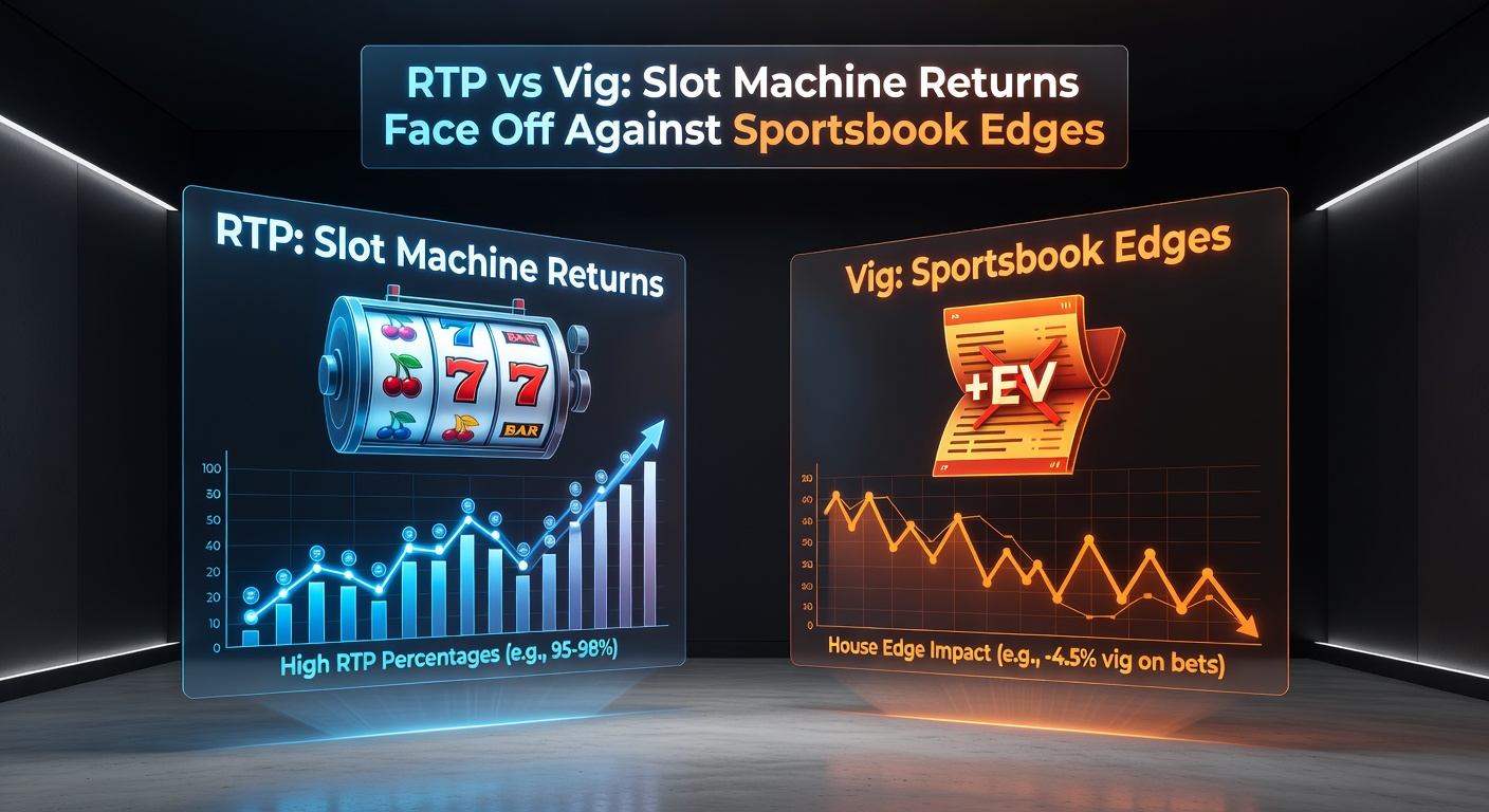 Infographic pitting slot RTP graphs against sportsbook vig breakdowns with example odds