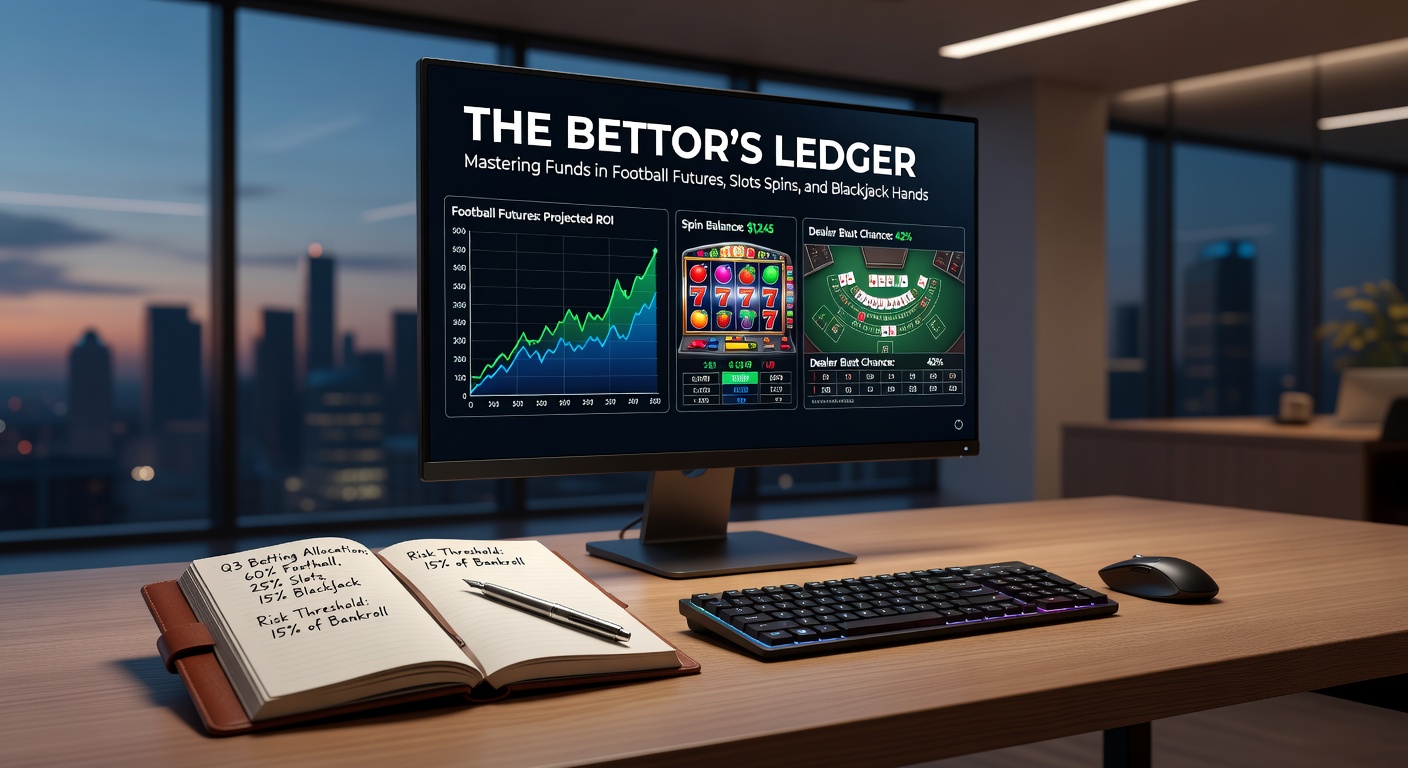 Close-up of a digital bankroll tracker displaying football futures lines, active slot spins with RTP metrics, and blackjack bet spreads during a live session