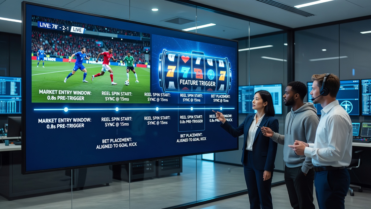 Split-screen view of live football match odds updating next to slot reel bonus meter approaching trigger point