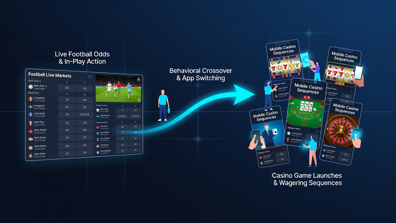 Infographic showing data flows and user session paths between football live betting and mobile casino sequences