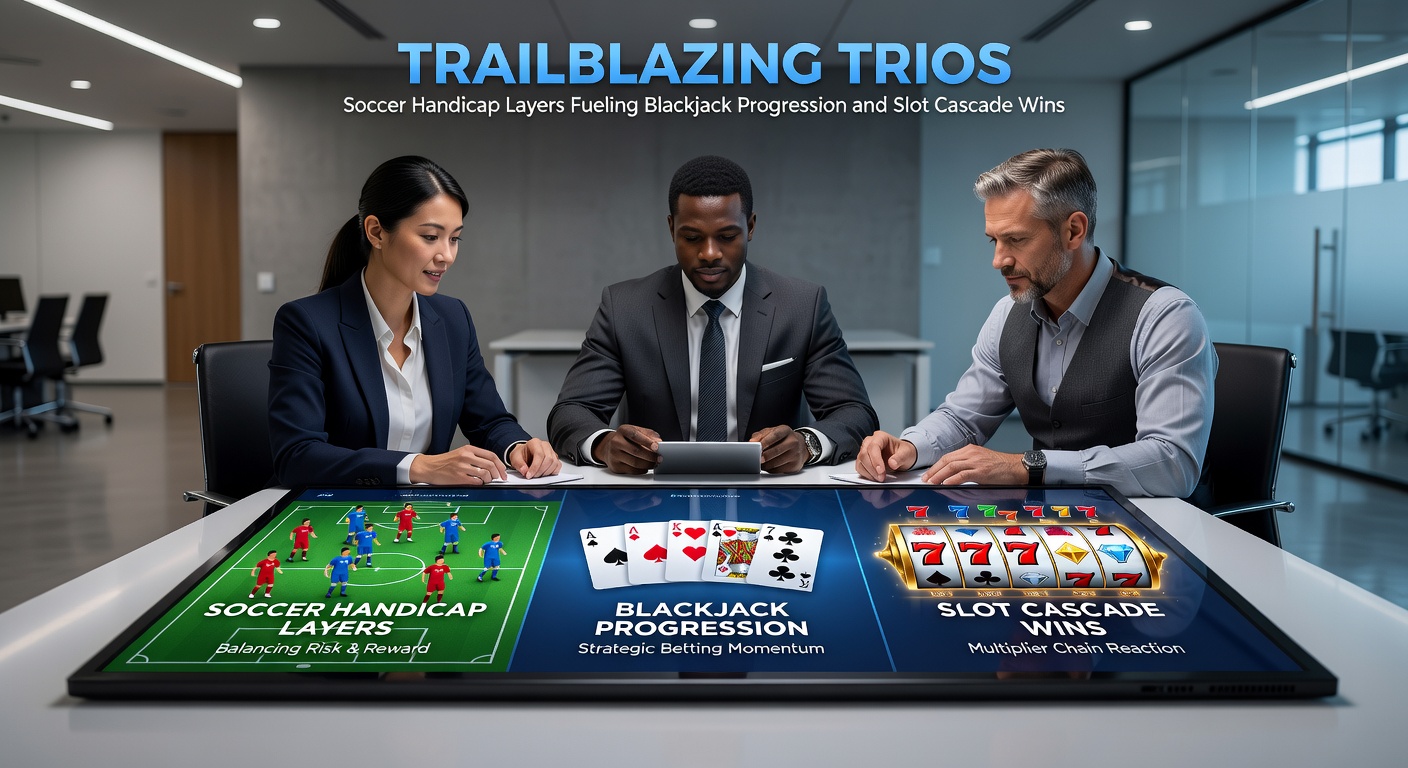 Illustration of a bettor's dashboard displaying soccer handicap results flowing into blackjack charts and slot win cascades