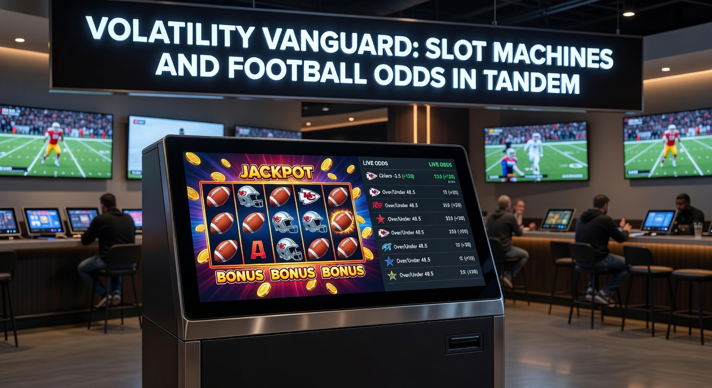 Split-screen view showing a football stadium crowd cheering with overlaid slot reels spinning high-volatility symbols and shifting odds ticker